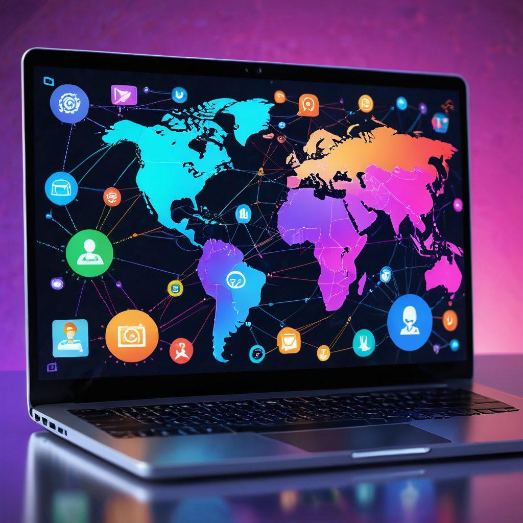 A laptop screen glowing with vibrant video content icons, people interconnected through streaming lines, and a globe symbolizing worldwide reach. Encapsulate the dynamic flow of creating, sharing, and streaming video content. Vibrant colors with a futuristic, high-tech feel. 3D, super-realistic.