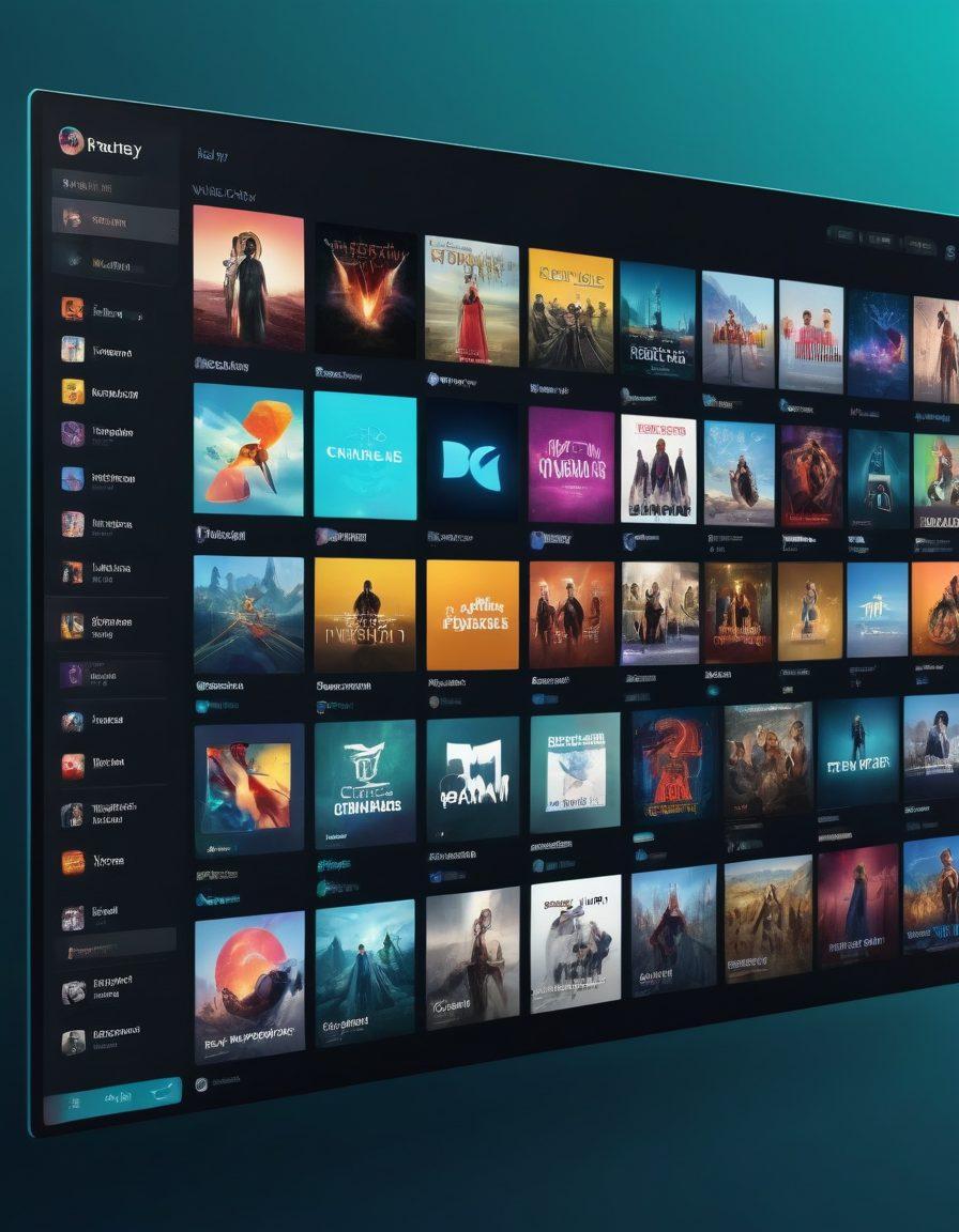 A high-tech computer screen with various video thumbnails displayed in a sleek, user-friendly interface. Each thumbnail showcases different genres like movies, tutorials, music videos, and documentaries. Include icons of features like 'playlists', 'search', and 'favorites' with a modern, futuristic web design aesthetic. futuristic. vibrant colors. 3D.