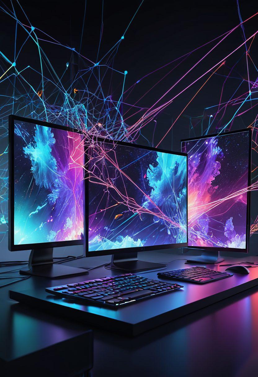 A dynamic and futuristic scene showcasing a digital landscape with vibrant streaming networks, video thumbnails flying out of a computer screen, and interconnected viewers represented by glowing nodes and lines. The image should encapsulate a sense of connectivity, engagement, and technology. vibrant colors. 3D. futuristic.